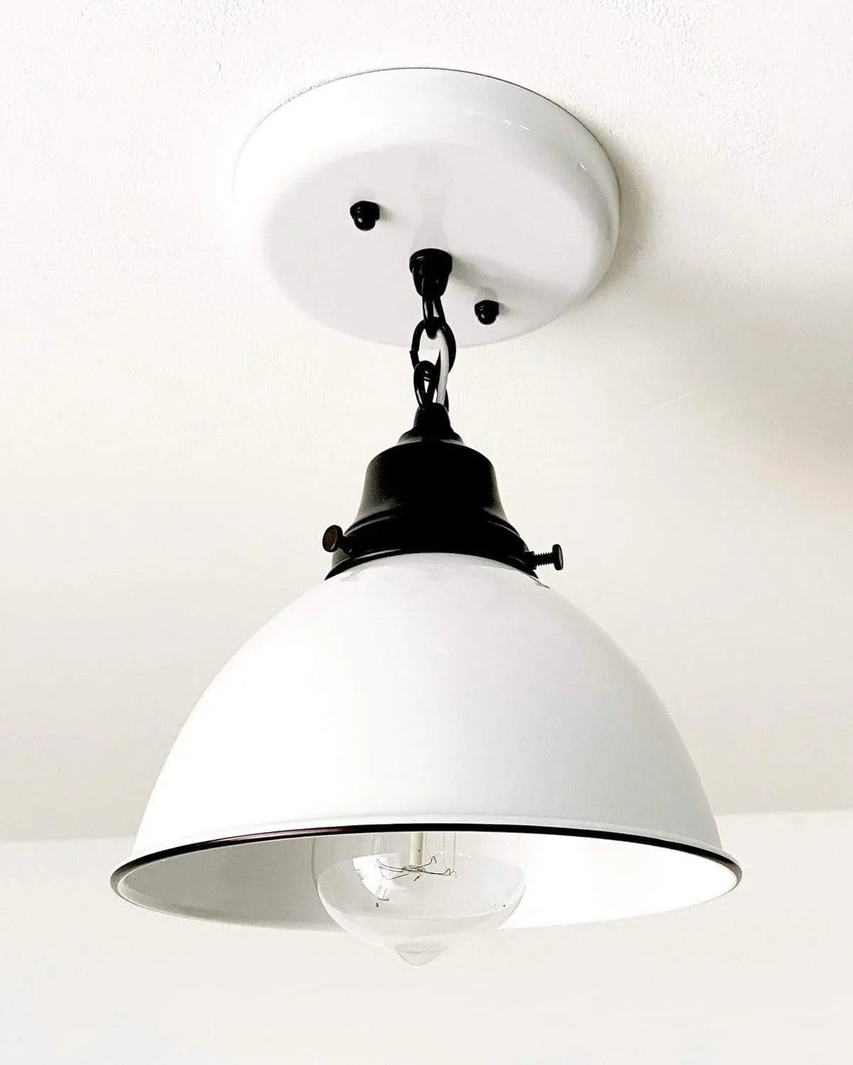 White Enamel Farmhouse Ceiling Light With Chain
