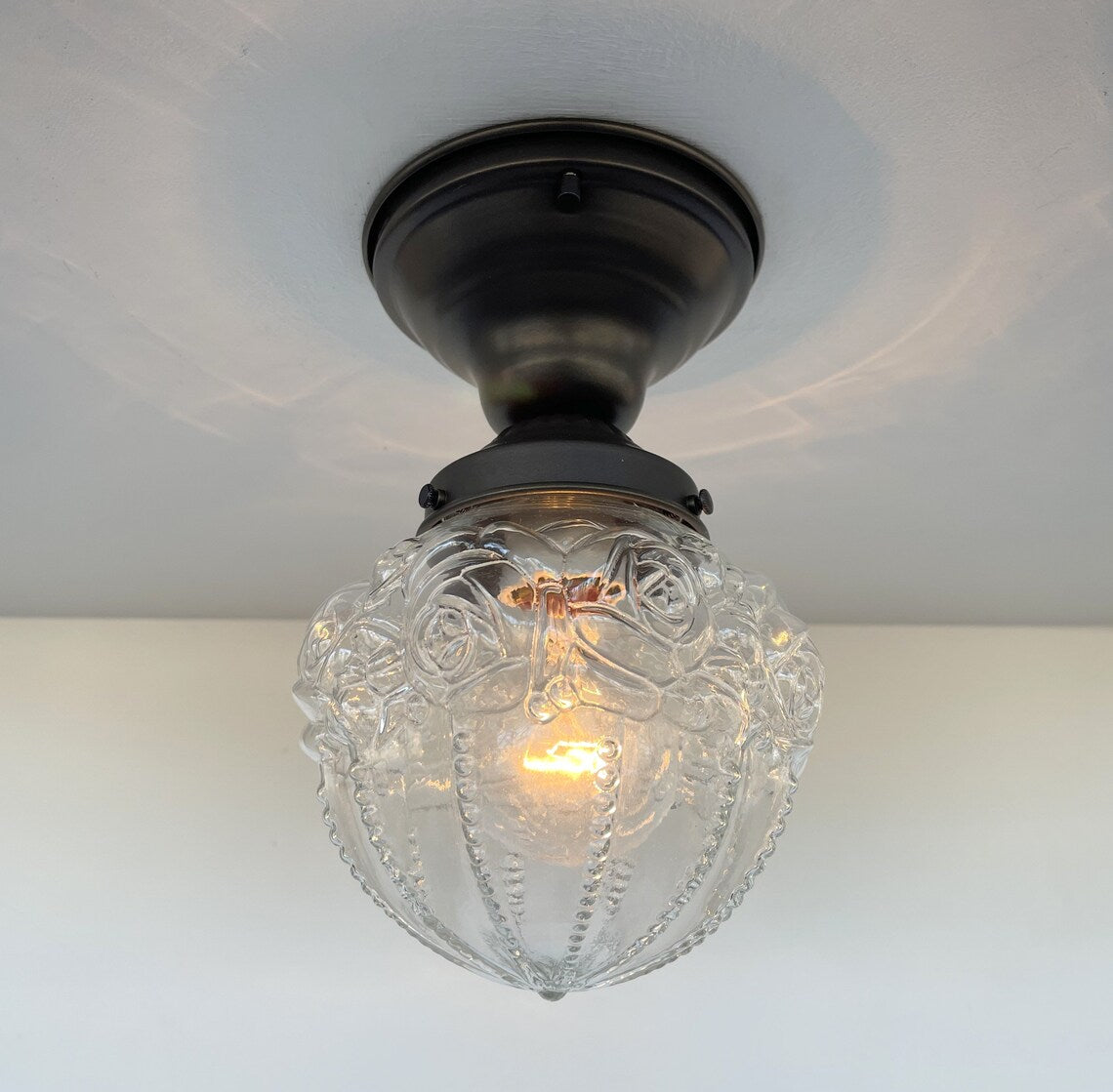 Embossed Flush Mount Globe Antique Ceiling Light Glass