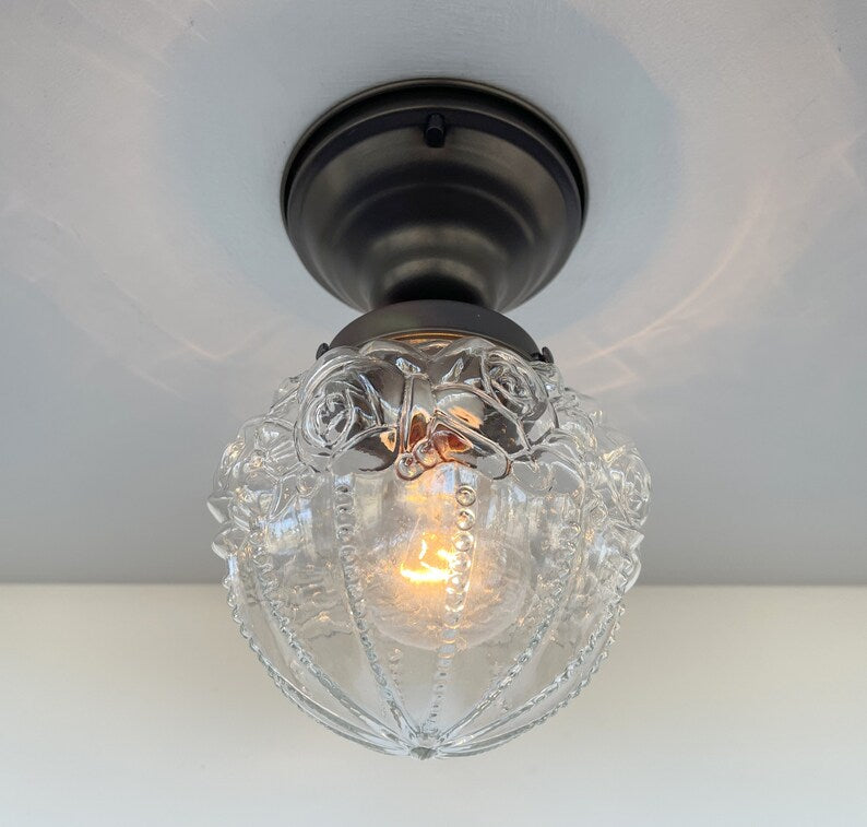 Embossed Flush Mount Globe Antique Ceiling Light Glass