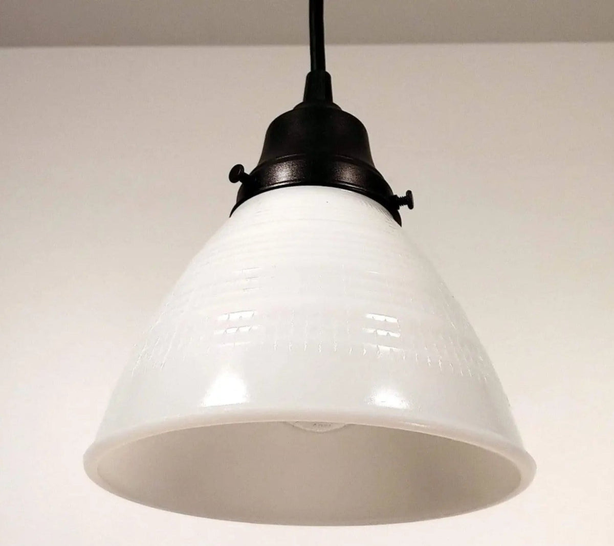 Milk Glass Banded Waffle Pendant Light Fixture