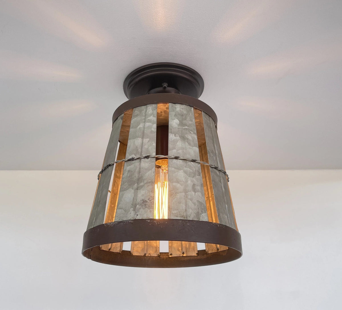  Galvanized Open Weave Basket Ceiling Light