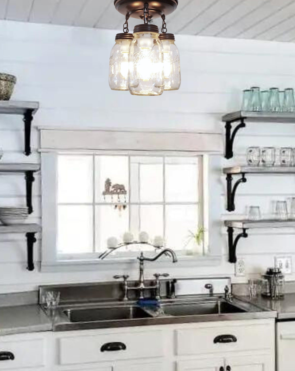  Mason Jar LIGHT FIXTURE New Quart Chain Trio