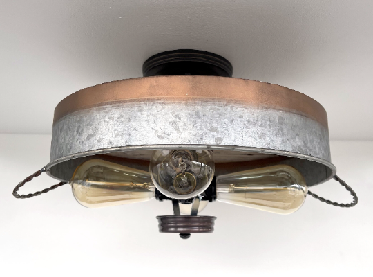  Modern Farmhouse Galvanized & Copper Tone Metal Flat Tub Ceiling Light Wood Accents