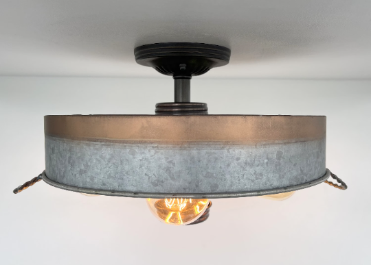  Modern Farmhouse Galvanized & Copper Tone Metal Flat Tub Ceiling Light Wood Accents