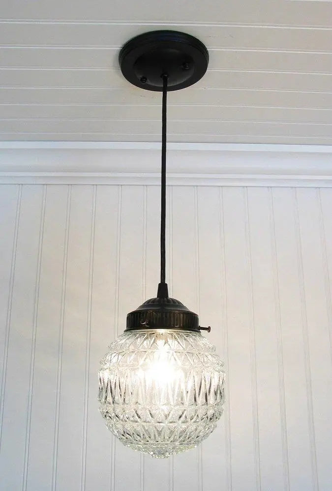  Antique Diamond 1960's Glass PENDANT Light