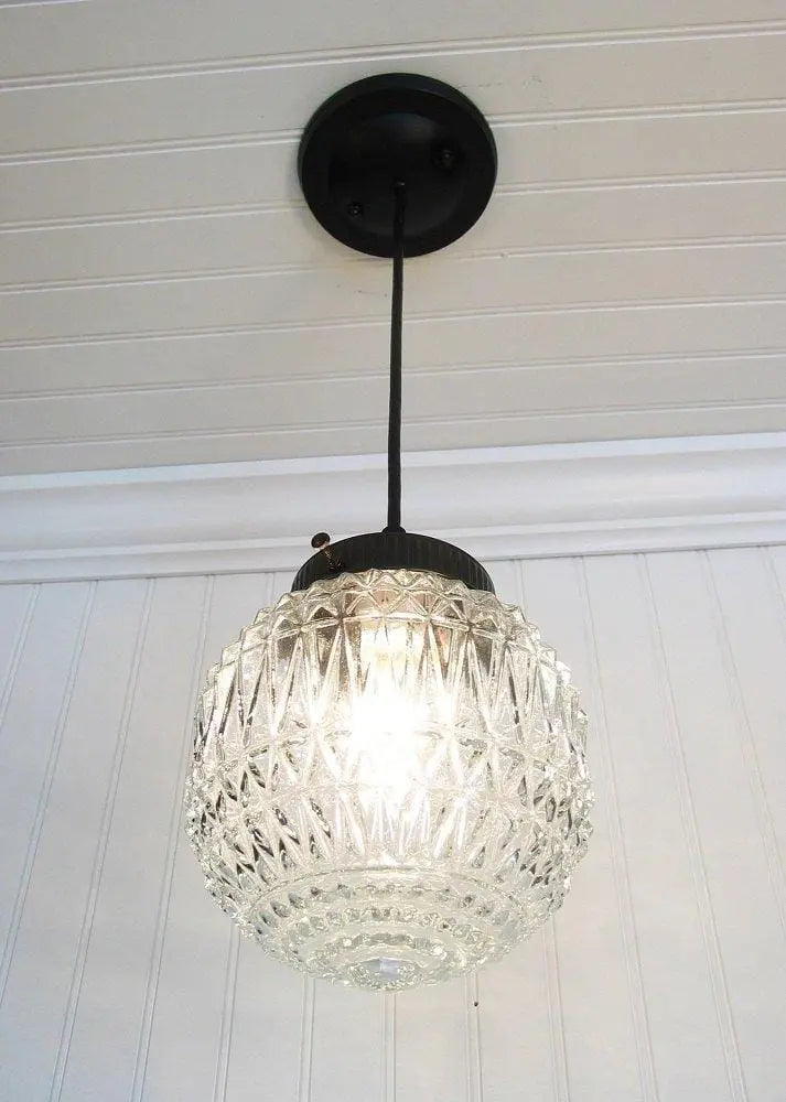  Antique Diamond 1960's Glass PENDANT Light