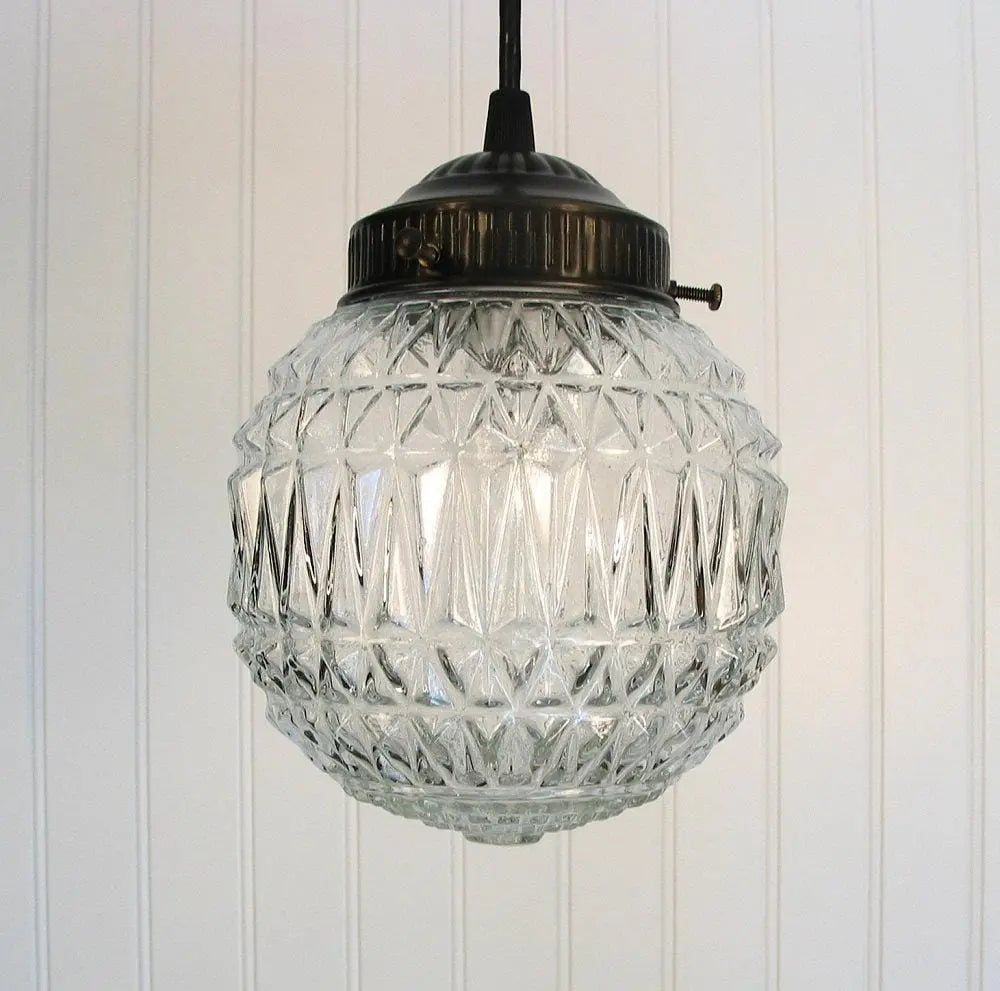  Antique Diamond 1960's Glass PENDANT Light