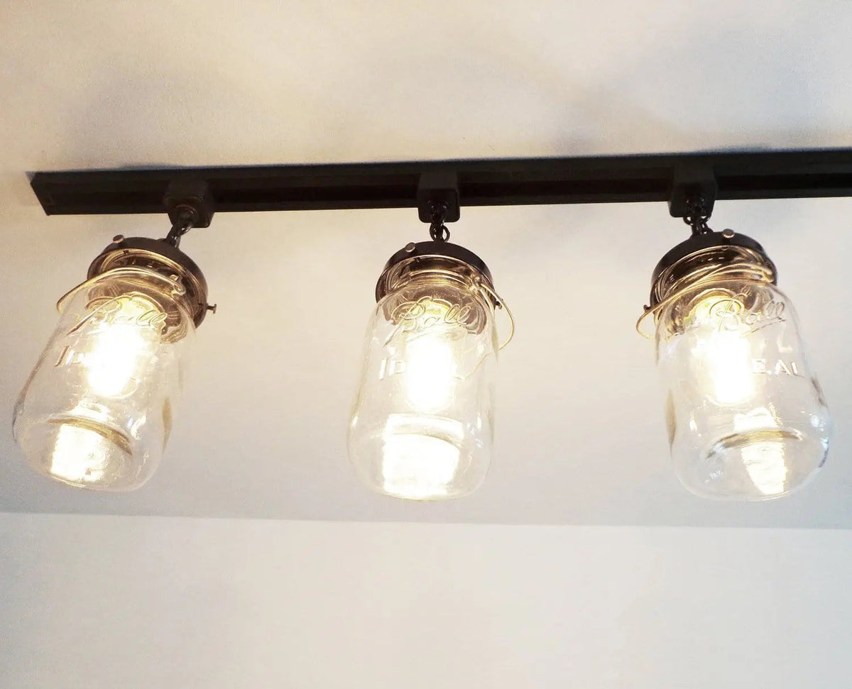 Rustic Mason Jar TRACK LIGHT Chain Trio Of Vintage Quarts