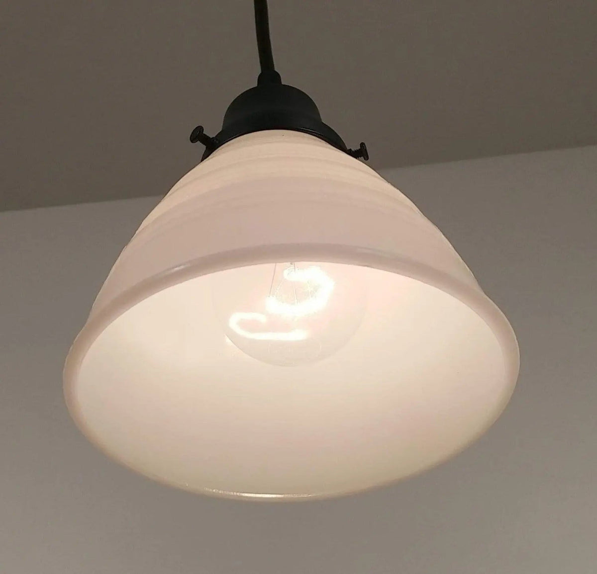  Milk Glass Banded Waffle Pendant Light Fixture
