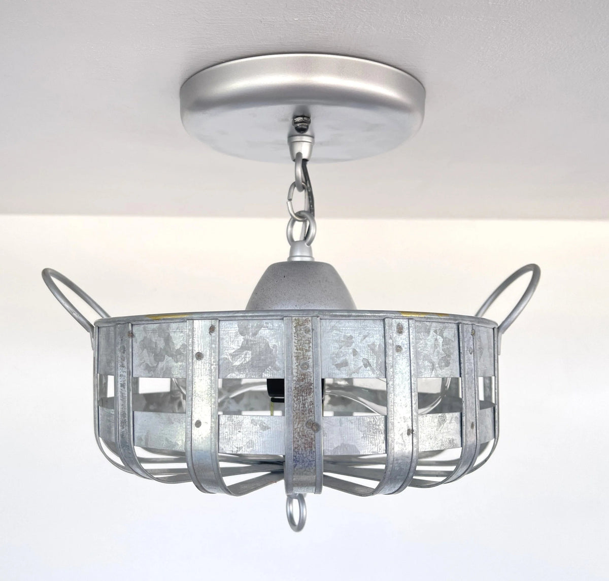  Petite Galvanized Strapped Metal Ceiling Light