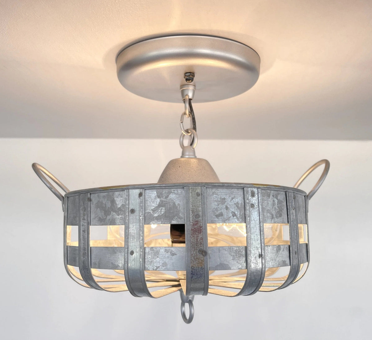  Petite Galvanized Strapped Metal Ceiling Light