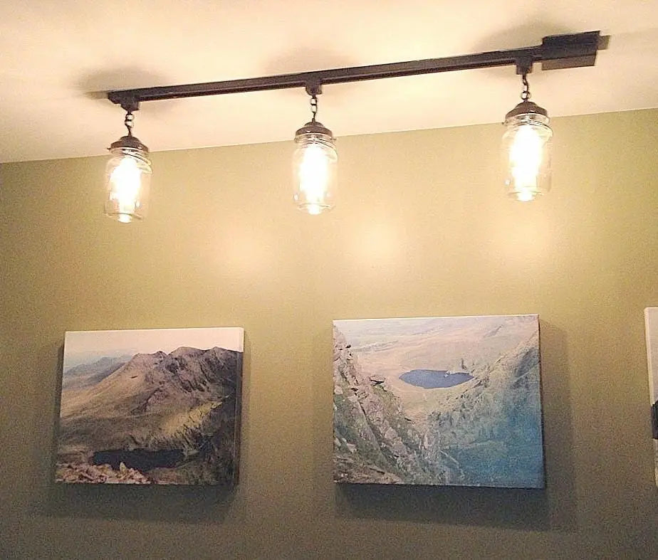  Rustic Mason Jar TRACK LIGHT Chain Trio Of Vintage Quarts
