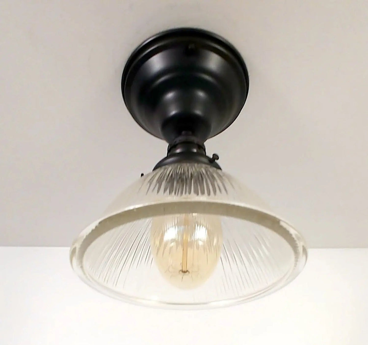  Vintage Factory Holophane Glass With Exposed Socket Light